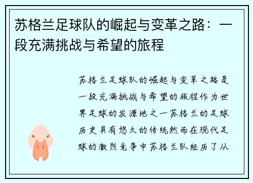 苏格兰足球队的崛起与变革之路：一段充满挑战与希望的旅程